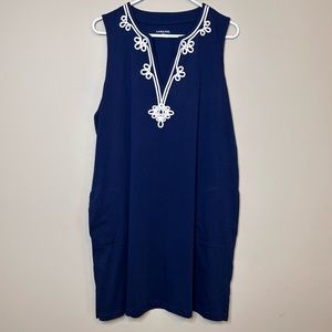 Lands End Navy Blue White Embroidered Beach Swim Cover Up Dress Large